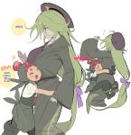  2girls :d ^_^ age_difference ahoge ankle_boots annoyed bare_arms black_boots black_gloves black_overalls boots bow breasts closed_eyes coat collared_shirt commentary_request cookie_run cookie_run:_witch&#039;s_castle cropped_legs feet_out_of_frame flying_sweatdrops from_side full_body gloves green_hair green_headscarf grey_coat hair_between_eyes hair_bow hair_bun half-closed_eyes hat headscarf highres hug humanization korean_commentary korean_text large_breasts long_hair long_sleeves looking_at_another low-tied_long_hair multiple_girls multiple_views ohta_guk_hip open_clothes open_coat open_mouth overalls profile purple_bow purple_eyes purple_hat purple_sweater radish_cookie red_hair rosemary_cookie shirt short_hair short_sleeves simple_background single_hair_bun smile standing sweatdrop sweater translation_request very_long_hair white_background white_shirt wide_sleeves 