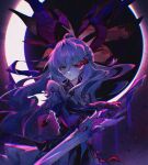  1girl blue_hair crescent cutedogggggggg detached_sleeves dress flower hashtag-only_commentary highres holding holding_sword holding_weapon honkai:_star_rail honkai_(series) jingliu_(honkai:_star_rail) long_hair propagation_symbol_(honkai:_star_rail) red_eyes ribbon sword very_long_hair weapon 