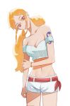  1girl bangle bare_shoulders belt belt_ribbon bracelet breasts brown_eyes cleavage closed_mouth collarbone cowboy_shot cropped_shirt english_commentary hand_on_own_arm highres jewelry leaning_to_the_side long_hair looking_at_viewer low_twintails medium_breasts midriff nami_(one_piece) off-shoulder_shirt off_shoulder official_alternate_costume official_alternate_hairstyle one_piece orange_hair red_belt shirt short_shorts shorts shoulder_tattoo sidelocks solo striped_clothes striped_shirt tattoo twintails vertical-striped_clothes vertical-striped_shirt waterdraws white_background white_shorts 