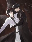  2boys arm_around_waist black_coat black_hair black_shirt black_wings blood blood_from_mouth blood_on_face coat demon_horns emosunfish falling_feathers feathered_wings feathers flower growing_out_of_body hair_between_eyes hashtag-only_commentary highres horns hug kim_dokja male_focus multiple_boys omniscient_reader&#039;s_viewpoint open_clothes open_coat outstretched_arms popped_collar shirt short_hair smile white_coat white_flower wings yoo_joonghyuk 