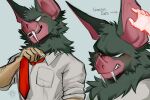 animal_head animal_humanoid arm_hair bat bat_humanoid big_ears blush body_hair clothed clothed_male clothing collared_shirt dress_shirt duo ear_rub excaliburwolf fangs for_a_head fully_clothed fully_clothed_male fur grey_body grey_fur hi_res humanoid licking licking_lips male mammal mammal_humanoid necktie shirt solo sonar_(dispatch) teeth tongue tongue_out topwear
