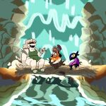 ambiguous_gender anthro apron armor avian bird brown_body brown_fur canid canine canis clothing corvid corvus_(genus) crow crystal_(puppy_guard) domestic_dog female footwear fur group headgear helmet herding_dog hi_res log magic_user male mammal nonbinary_(lore) official_art oscine passerine pastoral_dog puppy_guard russell_(puppy_guard) sandals sheepdog shoes sitting slightly_chubby trans_(lore) trans_woman_(lore) trio waterfall wick_(puppy_guard) wood