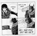  1boy 1girl blood cape chainsaw chainsaw_devil chainsaw_man chewing collared_shirt dress english_text greyscale highres intestine_clothing long_hair monochrome pinafore_dress pointing pointing_at_self scar scar_on_cheek scar_on_face sharp_teeth shirt sleeveless sleeveless_dress speech_bubble teeth tsukirobin yoru_(chainsaw_man) 