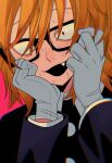  1boy absurdres constricted_pupils fang glasses gloves grey_gloves hands_up highres male_focus open_mouth orange_hair otori_0 randal&#039;s_friends randal_ivory red_background red_eyes short_hair simple_background solo upper_body 