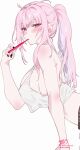  1girl absurdres artist_name bare_shoulders black_nails black_shorts blush breasts brushing_teeth closed_mouth commentary fingernails highres holding holding_toothbrush hololive hololive_english kamiya_maneki large_breasts leaning_forward long_hair looking_at_viewer messy_hair mori_calliope nail_polish pink_eyes pink_hair ponytail shorts signature simple_background solo symbol-only_commentary tank_top thighs toothbrush twitter_username virtual_youtuber white_background white_tank_top 
