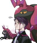  1boy black_jacket commentary_request corbeau_(pokemon) glasses highres jacket kitsune_(ly_howe) korean_text male_focus multiple_views necktie orange_eyes parted_lips pokemon pokemon_(creature) pokemon_legends:_z-a purple_shirt scolipede shirt sideburns simple_background white_background white_necktie 