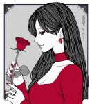  1girl artist_name black_hair breasts cleavage earrings eyeliner flower grey_background highres holding holding_flower jewelry lipstick makeup naho_graphics original red_eyeliner red_flower red_nails red_rose red_theme rose small_breasts upper_body 