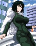  1girl abs bangs black_hair breasts building coat dress eyebrows_hidden_by_hair fubuki_(one-punch_man) green_eyes looking_to_the_side one-punch_man outdoors short_hair solo standing stomach takara_joney 