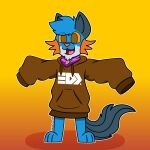 1:1 anthro arms_out blue_body blue_fur brown_clothing brown_hoodie brown_sweater brown_topwear canid canine canis clothing constructed_script fin food fruit fur generation_3_pokemon gradient_background happy head_tuft hi_res hoodie hybrid inkling_text long_sleeve_sweater long_sleeves male mammal nintendo open_mouth orange_background orange_eyes orange_gills orange_nose outline oversized_clothing oversized_hoodie oversized_topwear persim_berry persim_scarf plant pokemon pokemon_(species) pokemon_berry pokemon_mystery_dungeon rgbovine_art simple_background sleeves_past_fingers sleeves_past_wrists solo spike_chunsoft splatoon standing swampert sweater tail tail_fin text topwear tuft white_outline wolf xevy