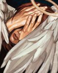  1boy angel_devil_(chainsaw_man) angel_wings chainsaw_man commentary_request feathered_wings fingernails halo hands_on_own_face highres jinazugawa lips long_hair male_focus nose solo white_wings wings 