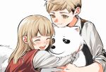  1boy 1girl ^_^ absurdres affectionate aged_down ako_(eanaaati1) animal animal_hug black_hair black_vest blonde_hair blush brother_and_sister brown_eyes child chinese_commentary closed_eyes closed_mouth commentary_request dog dungeon_meshi facing_to_the_side falin_touden falin_touden_(tallman) grey_shirt happy highres hug laios_touden long_hair looking_at_another multicolored_hair open_mouth red_vest shirt short_hair siblings sideburns simple_background sleeves_rolled_up smile time_paradox two-tone_hair undercut vest white_background white_shirt 