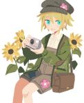  1boy :d bag basil_(birthday)_(omori) basil_(faraway)_(omori) basil_(omori) blonde_hair blue_eyes brown_bag brown_overalls camera cardigan character_bag collared_shirt dot_nose double-parted_bangs feet_out_of_frame floral_print flower green_cardigan grey_hat grin hair_between_eyes hands_up hashtag-only_commentary hat highres holding holding_camera invisible_chair long_sleeves looking_at_viewer male_focus nabob newsboy_cap no_lineart no_sclera official_alternate_costume omori open_cardigan open_clothes overall_shorts overalls puffy_long_sleeves puffy_sleeves shirt shoulder_bag simple_background sitting smile solo sunflower white_background white_shirt 