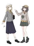  2girls alternate_costume alternate_headwear ankle_socks asymmetrical_hair black_bag black_hair black_shoes blonde_hair blue_skirt bow brown_hat closed_mouth collared_shirt commentary_request contemporary full_body ghostly_field_club green_skirt green_socks grey_eyes grey_jacket grey_sweater hair_bow hat highres jacket kashiwada_kiiho loafers long_hair long_sleeves looking_at_viewer maribel_hearn medium_hair mob_cap multiple_girls open_mouth plaid_clothes plaid_skirt red_eyes shirt shoelaces shoes signature simple_background skirt socks standing suit_jacket sweater touhou usami_renko v white_background white_bow white_hat white_socks yellow_shirt 