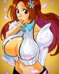  1girl arm_behind_head bleach bleach:_sennen_kessen-hen breasts brown_eyes brown_hair cleavage cleavage_cutout clothing_cutout commentary hair_ornament hashtag-only_commentary highres huge_breasts inoue_orihime kudou_masashi midriff navel orange_lips parted_lips profile snowflake_hair_ornament solo upper_body 