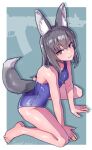  1girl animal_ear_fluff animal_ears bangs bare_arms bare_legs bare_shoulders barefoot between_legs black_hair blue_one-piece_swimsuit brown_eyes closed_mouth desert_(desel_1) full_body hair_between_eyes hand_between_legs highres long_hair looking_at_viewer one-piece_swimsuit original sitting smile solo swimsuit tail wariza 