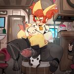 absurd_res animal_print animal_print_bikini anthro balls bell bell_collar big_balls big_ears big_penis bikini black_body black_fur bodily_fluids braixen canid clothing collar cow_print cow_print_bikini cowbell eyewear fluffy fluffy_tail front_view fur generation_6_pokemon genital_fluids genitals glasses gynomorph hair hi_res inner_ear_fluff inside intersex mammal neceet nintendo nipple_piercing nipple_slip nipples pattern_bikini pattern_clothing pattern_swimwear penis piercing pokemon pokemon_(species) precum precum_squirt rectangular_glasses red_hair sitting solo swimwear tail thick_thighs thong tongue tuft two-piece_swimsuit underwear yellow_body yellow_fur