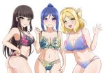  3girls :d absurdres ass black_bra black_hair black_panties blonde_hair blue_bra blue_hair blue_panties bra breasts cleavage collarbone commentary_request embroidered_bra embroidered_panties floral_print highres kurosawa_dia looking_at_viewer love_live! love_live!_sunshine!! matsuura_kanan multiple_girls navel ohara_mari panties purple_bra purple_panties shooter_(l.i.r) simple_background skindentation smile underwear underwear_only white_background 