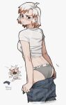  1girl absurdres ass black_eyes chibi dashi_(dashiart) english_commentary grey_panties highres liz_(dashi) mole mole_under_eye multicolored_hair orange_hair original panties pants patreon_username pout shirt short_hair simple_background two-tone_hair underwear white_background white_hair white_shirt 