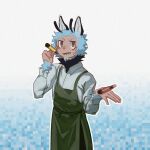 antennae_(anatomy) anthro apron camotinhio clothed clothing fangs fully_clothed fur hi_res labubu labubu_(toy) looking_at_viewer male multicolored_body multicolored_fur neck_tuft pink_eyes pink_nose sarin_(camotinhio) solo teeth tuft vape vape_pen