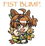  1girl ahoge animal_ear_piercing animal_ears black_shirt brown_eyes brown_hair chibi clenched_hands crop_top cropped_legs english_text eyelashes front-tie_top grey_pants hair_between_eyes hair_ornament hairclip happy highres horse_ears horse_girl incoming_fist_bump jacket jungle_pocket_(champion&#039;s_battle_cry)_(umamusume) jungle_pocket_(umamusume) long_hair long_sleeves looking_at_viewer midriff multicolored_hair multiple_piercings navel notched_ear one_side_up open_mouth pants pikminpreggedup shirt simple_background smile solo streaked_hair two-tone_shirt umamusume wavy_hair white_background yellow_jacket yellow_shirt 