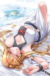  1girl alternate_costume blonde_hair bound bound_wrists breasts chain cleavage cleavage_cutout clothing_cutout collarbone commentary_request cuffs dress fate_testarossa highres knee_up large_breasts long_dress long_hair looking_at_viewer lying lyrical_nanoha mahou_shoujo_lyrical_nanoha_strikers on_back paid_reward_available parted_lips red_eyes restrained sleeveless sleeveless_dress solo sougetsu_izuki two_side_up white_dress 