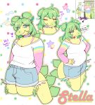  2025 absurd_res anthro biped blue_eyes blush bottomwear breasts cavemanon_studios character_name clothed clothed_anthro clothed_female clothing colored denim denim_bottomwear denim_clothing denim_shorts dinosaur english_text eyes_closed ez_syrup feathered_legs feathers female fingers front_view fusion goodbye_volcano_high green_body green_feathers green_hair hair hands_on_hips happy hi_res humanoid_hands ko_op_(game_developer) long_hair long_tail looking_at_viewer medium_breasts multiple_images multiple_poses non-mammal_breasts ornithischian overweight overweight_anthro overweight_female pattern_background portrait pose prehistoric_species reference_image reptile scalie shirt shorts simple_background smile snoot_game solo spiked_tail spikes spikes_(anatomy) standing stegosaurian stegosaurus stella_(gvh) stella_(gvh_beta) tail text thinking thought_bubble three-quarter_portrait thyreophoran topwear white_clothing white_shirt white_topwear 