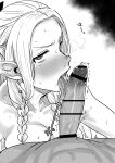  1boy 1girl absurdres bar_censor blush breasts censored dungeon_meshi fellatio greyscale hair_around_ear hetero highres kaiman_garupan long_hair looking_at_viewer marcille_donato monochrome nude open_mouth oral penis pov pov_crotch simple_background solo_focus steaming_body sweat white_background 