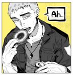  1boy biting border can cheekbones collarbone donut food greyscale_with_colored_background holding holding_can holding_food jacket jewelry male_focus nanu_(pokemon) nazuka_jyo necklace old old_man open_mouth pokemon pokemon_sm portrait shirt short_hair solo speech_bubble upper_body watermark white_border yellow_background 