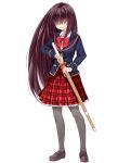  1girl black_pantyhose bow bowtie brown_hair brown_shoes full_body girlfriend_(kari) godai_ritsu hair_over_eyes jacket loafers official_art pantyhose plaid_clothes plaid_skirt pleated_skirt qp:flapper red_bow red_bowtie red_skirt school_uniform shinai shirt shoes simple_background skirt smile solo sword transparent_background weapon white_shirt 