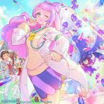  1boy 2girls beanie black_headband blue_eyes blue_sclera blue_sky blush breasts brendan_(academy)_(pokemon) brendan_(pokemon) brown_hair closed_eyes closed_mouth cloud coat collared_shirt colored_sclera commentary company_name copyright_name copyright_notice crystal donut_hair_bun double_bun earrings english_commentary fangs flower flower_earrings green_eyes grey_jacket hair_bun hat headband highres ichiko_milk_tei jacket jewelry lab_coat long_hair long_sleeves looking_at_viewer miriam_(pokemon) multicolored_hair multiple_girls neckerchief off-shoulder_sweater off_shoulder official_alternate_costume official_art one_eye_closed open_clothes open_coat open_jacket open_mouth outdoors pants pencil_skirt pink_hair pokemon pokemon_(creature) pokemon_masters_ex pokemon_sv purple_hair red_vest rosa_(academy)_(pokemon) rosa_(pokemon) school_nurse school_uniform second-party_source sharp_teeth shirt shoes short_hair skirt skull_and_crossbones sky smile socks spikes star-shaped_pupils star_(symbol) stethoscope streaked_hair striped_clothes striped_skirt sweater swept_bangs symbol-shaped_pupils teeth terastallization toxapex twintails vest white_hat white_pants white_shirt white_skirt white_socks yellow_neckerchief yellow_sclera yellow_sweater 