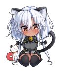  1girl absurdres abyssal_ship animal_ears bell black_thighhighs breasts brown_eyes cat cat_ears cat_tail chibi dark-skinned_female dark_skin enemy_lifebuoy_(kancolle) glasses grey-framed_eyewear grey_hair hair_between_eyes highres jingle_bell kantai_collection kemonomimi_mode large_breasts long_hair mashiro_yukiya musashi_(kancolle) musashi_kai_ni_(kancolle) neck_bell pointy_hair rectangular_eyewear semi-rimless_eyewear tail thighhighs twintails very_long_hair 