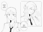  2girls anger_vein commentary english_commentary english_text givvhvh greyscale hand_on_own_cheek hand_on_own_face highres long_hair monochrome multiple_girls necktie school_uniform sendai_hazuki shuuniichido_classmate_wo_kau_hanashi simple_background white_background 