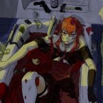  1girl album_cover anarchy_(asteria) asteria_(musician) banknote bare_shoulders bath bath_of_blood bathroom bathtub black_dress black_gloves blood body_writing bright_pupils cigarette cigarette_pack closed_mouth commentary cover cowboy_shot dim_lighting double-parted_bangs dress english_commentary fingerless_gloves gloves gun hair_between_eyes hair_ornament hammer handgun highres hkk_neighborhood in_bathtub indoors knee_up long_hair looking_at_viewer lying money mouth_hold newspaper off-shoulder_dress off_shoulder on_back poison red_eyes red_hair rubber_duck scar scar_on_face short_sleeves sidelocks single_fingerless_glove single_glove smoking solo weapon white_pupils x_hair_ornament 