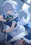  1girl absurdres apron blue_dress bow bowtie braid breasts closed_mouth commentary_request dress fingerless_gloves frills gloves green_bow green_bowtie hair_ribbon hands_up highres holding holding_knife indoors izayoi_sakuya jager knife maid maid_apron maid_headdress medium_breasts medium_hair ribbon serious short_sleeves solo thigh_strap touhou twin_braids white_hair 