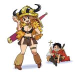  1boy 1girl artist_name axe belt_buckle black_hair boots bracelet braid braided_sidelock breasts brown_boots brown_eyes brown_loincloth buckle cape capelet cleavage commentary crop_top facing_another fake_horns full_body fur-trimmed_cape fur-trimmed_capelet fur_trim grin hand_on_headwear hand_on_own_hip helmet highres horned_helmet horns indian_style jewelry large_breasts leg_warmers long_hair looking_at_viewer midriff miniskirt monkey_d._luffy nami_(one_piece) necklace official_alternate_costume official_alternate_hairstyle one_piece open_mouth orange_hair red_cape scar scar_on_cheek scar_on_face shampowrado short_hair single_sidelock sitting skirt smile sparkle standing sword sword_on_back symbol-only_commentary thigh_strap thumbs_up weapon weapon_on_back white_background yellow_capelet 