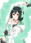  1girl absurdres animal_ear_headphones animal_ears arm_up bear_ear_headphones bear_ears black_camisole breasts camisole choker cleavage closed_mouth coat collarbone commentary controller fake_animal_ears fang fang_out game_controller green_background headphones highres holding holding_controller holding_game_controller hood hooded_coat looking_at_viewer love_live! love_live!_nijigasaki_high_school_idol_club midriff mifune_shioriko navel o-ring o-ring_choker official_alternate_costume open_clothes open_coat orange_eyes round1 signature smile solo white_choker white_coat yukippe_24 