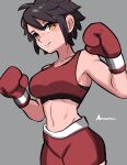  1girl abs amazu_(kurozu) bangs bare_shoulders black_hair boxing_gloves breasts closed_mouth collarbone commentary english_commentary eyebrows_hidden_by_hair grey_background groin looking_at_viewer medium_breasts navel original red_shorts short_eyebrows short_shorts shorts signature simple_background smile solo thick_eyebrows toned yellow_eyes 