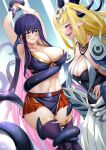  2girls absurdres armpits arms_up bare_shoulders belt black_shirt black_skirt black_thighhighs blonde_hair blue_eyes blue_nails blush breasts chinese_commentary cleavage clenched_teeth collarbone colored_inner_hair commentary_request covered_collarbone covered_navel crop_top curled_horns d._joko demon_horns facial_mark fangs hair_between_eyes highres horns hypnosis large_breasts long_hair looking_at_another midriff mind_control multicolored_hair multiple_girls navel open_mouth pink_hair pointy_ears purple_hair red_belt red_eyes red_skirt restrained sentai_red_ga_isekai_de_boukensha_ni_naru shau&#039;ha_shemhazar shirt sidelocks signature skirt sleeveless sleeveless_shirt smile sweat tears teeth tentacle_in_ear tentacles thick_eyebrows thighhighs torn_clothes torn_thighhighs two-tone_hair two-tone_skirt variant_set white_skirt yihdra_arvoln zettai_ryouiki 