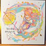  1girl absurdres bow bubble_skirt chest_jewel chinese_text choker commentary confetti dress frilled_dress frilled_skirt frilled_sleeves frilled_socks frilled_umbrella frills full_body gem gloves hair_bow highres holding holding_umbrella kaname_madoka kaname_madoka_(magical_girl) kneehighs kyubey looking_to_the_side magical_girl mahou_shoujo_madoka_magica mahou_shoujo_madoka_magica_(anime) miniskirt parasol photo_(medium) pink_choker pink_dress pink_eyes pink_gemstone pink_hair pink_umbrella puffy_short_sleeves puffy_sleeves red_bow red_shoes riko-m shikishi shoes short_dress short_hair short_sleeves short_twintails skirt socks square_neckline symbol-only_commentary traditional_media twintails twitter_username two-sided_umbrella umbrella waist_bow white_gloves white_skirt white_sleeves white_socks yellow_umbrella 