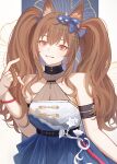  1girl absurdres alternate_breast_size_(larger) ambience_synesthesia angelina_(ambience_synesthesia_2025)_(arknights) angelina_(arknights) animal_ear_fluff animal_ears arknights armlet bare_shoulders belt black_collar blue_bow blue_flower bow breasts brown_hair collar commentary dress flower fox_ears fox_girl grin hair_bow hair_flower hair_ornament hands_in_own_hair high_belt highres hirein jewelry large_breasts long_hair looking_at_viewer nemophila_(flower) official_alternate_costume pointing pointing_at_self red_eyes sleeveless sleeveless_dress smile solo twintails white_flower 