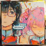  2girls absurdres akemi_homura black_hair bow bowtie brown_shirt chinese_text closed_eyes closed_mouth colored_eyelashes commentary confetti glasses hair_ribbon highres kaname_madoka long_hair mahou_shoujo_madoka_magica mahou_shoujo_madoka_magica_(anime) mitakihara_school_uniform multiple_girls parted_lips photo_(medium) pink_hair purple_eyes red-framed_eyewear red_bow red_bowtie red_ribbon ribbon riko-m sad_smile school_uniform shikishi shirt short_hair short_twintails speech_bubble symbol-only_commentary tearing_up traditional_media twintails twitter_username upper_body 