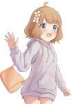  1girl antenna_hair bag blue_eyes blush flower_ornament hair_ornament handbag highres hood hoodie idolmaster idolmaster_million_live! idolmaster_million_live!_theater_days kumotsuki35 looking_at_viewer medium_hair no_pants open_mouth simple_background smile solo suou_momoko waving 