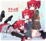  3girls ahoge black_boots boots closed_mouth dated drill_hair grey_shirt grey_skirt hand_on_another&#039;s_head highres hug hug_from_behind kasane_teto kasane_teto_(sv) kasane_teto_(utau) kasane_teto_(voicepeak) kneeling legs_up long_sleeves looking_at_viewer lying miniskirt multiple_girls multiple_persona on_stomach open_mouth pleated_skirt red_eyes red_hair sato_(r017xts117) shirt signature sitting skirt smile synthesizer_v twin_drills utau voicepeak 