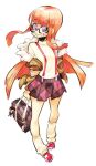  1girl amamiya_ren bag character_doll charm_(object) collared_shirt doll fur_trim glasses holding holding_bag jacket lapel_pin long_hair long_sleeves looking_at_viewer orange_hair persona persona_5 plaid_clothes plaid_skirt purple_eyes rafchu red_suspenders round_eyewear sakura_futaba school_bag shirt shoes simple_background skirt smile socks solo standing suspenders sweater teeth white_background 