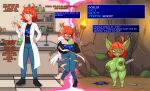 big_breasts big_ears bodily_fluids bottomwear breast_expansion breasts clothed clothed_female clothed_human clothing coat denim denim_bottomwear denim_clothing dialogue expansion female footwear fully_clothed fully_clothed_female fully_clothed_human gameplay_mechanics genital_fluids genitals goblin green_body green_eyes green_skin hair hi_res huge_breasts human humanoid humanoid_pointy_ears hyper hyper_breasts jeans lab_coat laboratory mammal nude nude_female nude_humanoid pants pointy_ears reality_shift red_hair scientist shirt shoes short_stack short_stackification shrinking size_transformation solo text_box topwear transformation transformation_sequence vaginal_fluids vulva zorym