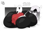 2025 abdominal_bulge anthro arthropod belly big_belly big_breasts big_butt black_body breasts butt cloak clothing clothing_pull digital_drawing_(artwork) digital_media_(artwork) duo english_text female glistening glistening_body guzzlord420 hi_res hollow_knight_(franchise) horn hornet_(hollow_knight) huge_belly huge_breasts huge_butt hyper hyper_belly hyper_breasts hyper_butt insect lace_(hollow_knight:_silksong) overweight overweight_female panties panty_pull rear_view red_cloak red_clothing team_cherry text underwear underwear_pull white_body white_clothing white_panties white_underwear