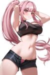  1girl absurdres alternate_costume armpits artist_name black_shorts blunt_bangs blush breasts cowboy_shot crop_top eyebrows_hidden_by_hair hair_up helldeer highres hololive hololive_english large_breasts long_hair looking_at_viewer midriff mori_calliope navel open_fly pale_skin partially_unzipped pink_eyes pink_hair ponytail short_shorts shorts sidelocks simple_background sleeveless sleeveless_turtleneck solo straight_hair turtleneck twitter_username tying_hair white_background 