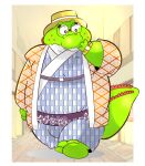  2022 3_fingers 3_toes absurd_res alligator alligatorid anthro belly big_belly biped clothed clothing crocodilian eyewear feet fingers glasses green_body hat headgear headwear hi_res kemono m2vcjtad5hsdvla overweight reptile scalie solo toes walking 