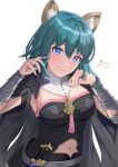 1girl absurdres animal_ears armor black_armor black_coat black_shirt black_shorts blue_eyes blue_hair breasts bustier cleavage closed_mouth clothing_cutout coat commentary_request cowboy_shot crop_top dagger female_byleth_(fire_emblem) fire_emblem fire_emblem:_three_houses hair_between_eyes hands_up highres knife large_breasts long_hair looking_at_viewer mugitoro_(dsfv2277) navel navel_cutout pantyhose pantyhose_under_shorts patterned_legwear sheath sheathed shirt short_shorts shorts sidelocks signature simple_background smile solo standing strapless strapless_shirt tassel vambraces weapon white_background 