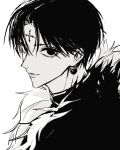  1boy closed_mouth cross cross_facial_mark earrings facial_mark forehead_mark from_side fur_(clothing) greyscale hair_between_eyes jewelry looking_at_viewer male_focus monochrome original parted_bangs portrait short_hair simple_background solo teeniika upper_body white_background 